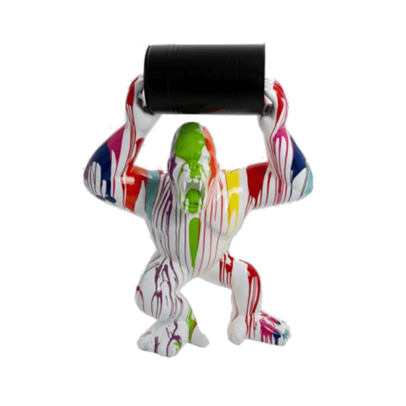 Estátua de gorila com barril branco multicolorido