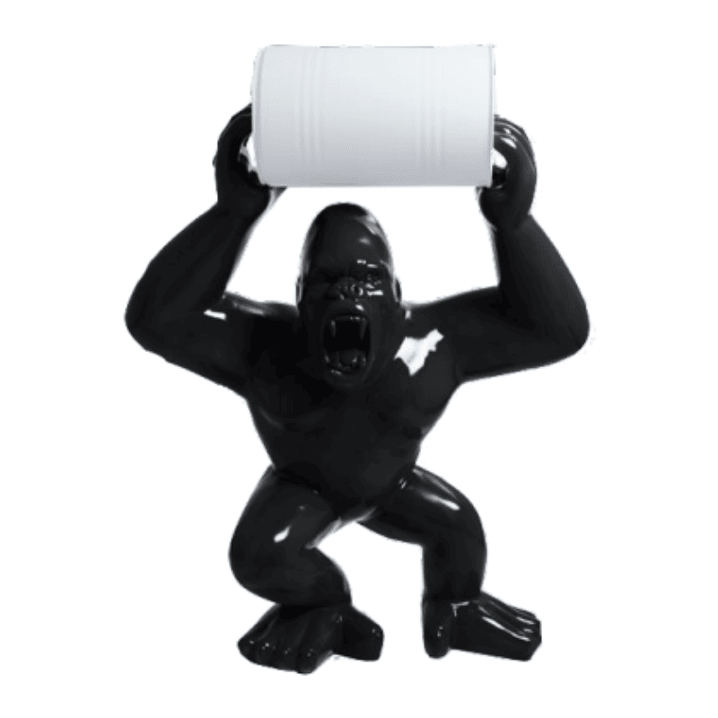 Estátua de gorila preto com barril branco 140cm